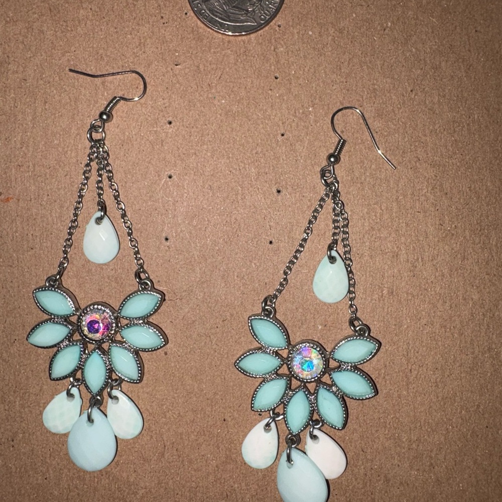 Boho Aqua Flower Drop Earrings - Unbranded